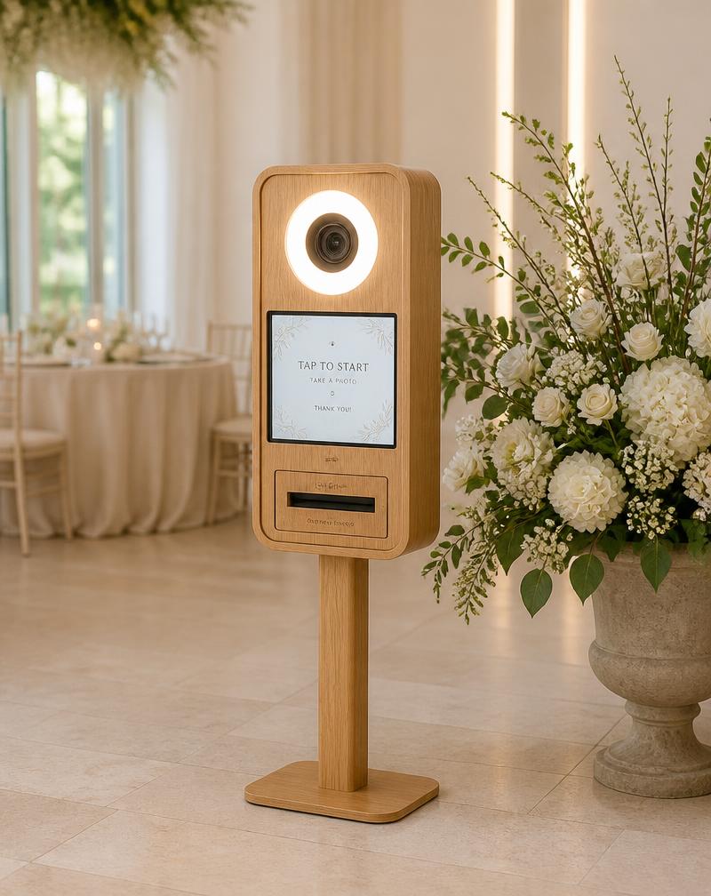 Houten fotokast met ringlicht en touchscreen in een lichte trouwlocatie